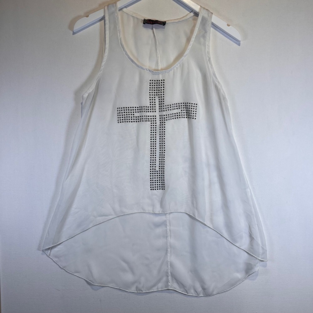 Body Central Womens White Rhinestone Cross High Low Tank Top Y2K Blouse